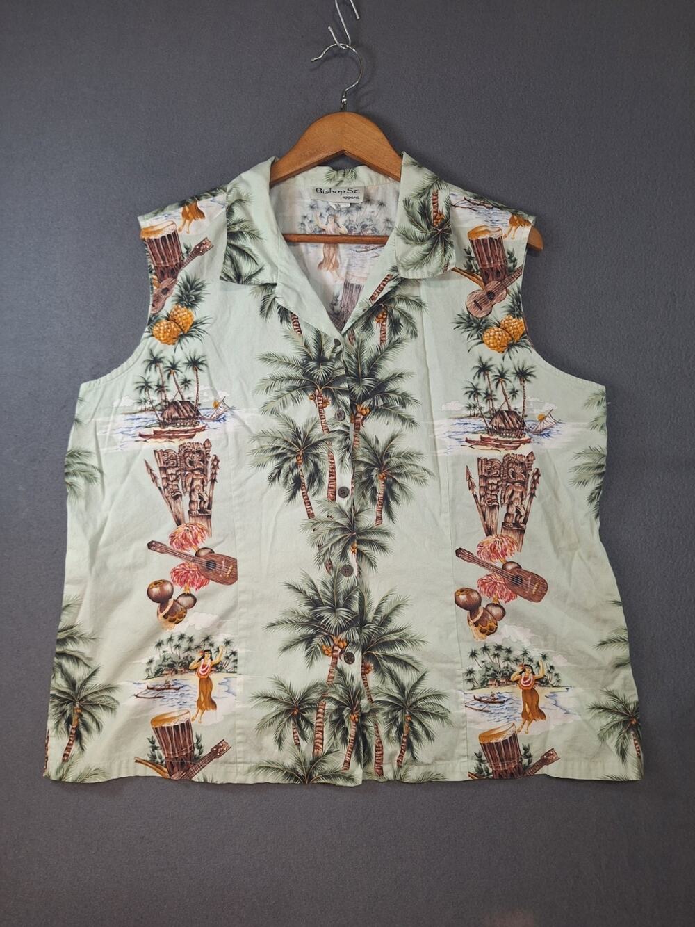 Vintage Bishop St. Sleeveless Blouse Women's 3XL Hawaiian Palm Tree Tropical